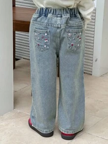 Dazy Kids 年轻女孩复古风格做旧黄色水洗韩版刺绣花卉图案休闲裤秋冬 - 藍色 - 查看 6