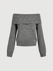 Skyraze Women's Faux Pearl Solid Off Shoulder Casual Sweater Jumpers Back-To-School Clothing Casual Daily Wear,Tops,Brunch Women,Renaissance Fair,Concert Women,Vacation Style Music Festival Autumn Winter Clothes For Women - Grey - View 1