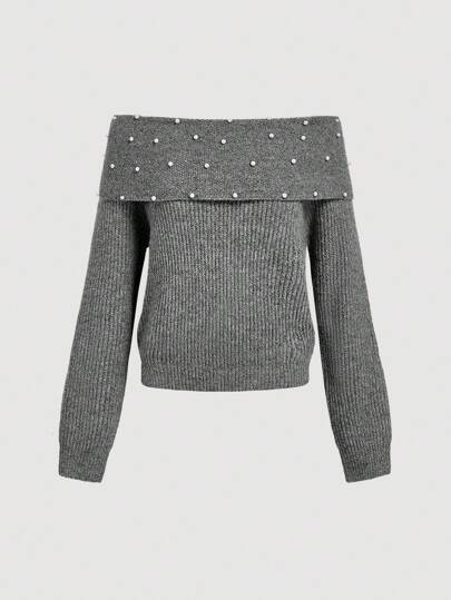 Skyraze 女士仿珍珠纯色露肩休闲毛衣套头衫 返校服装 休闲日常装、上衣、女士早午餐装、文艺复兴博览会装、女士音乐会装、度假风格音乐节 秋冬女士服装