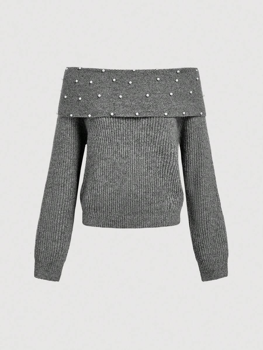 Skyraze Women's Faux Pearl Solid Off Shoulder Casual Sweater Jumpers Back-To-School Clothing Casual Daily Wear,Tops,Brunch Women,Renaissance Fair,Concert Women,Vacation Style Music Festival Autumn Winter Clothes For Women - Grey - View 1