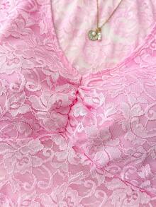 SHEIN TEENGIRL Cute & Sweet Pink V-Neck Semi-Sheer Lace Blouse, Elegant Short Sleeve Lace Top, Academic Style Pink Lace Top Lace Babydoll Top Pink Babydoll Top Girls Lace Top Sheer Lace Top Sheer Pink Top Pink Baby Doll Top Summer Knit Baby Doll Top Teen Girl Babydoll Top Girls Sheer Lace Top - Pink - View 4