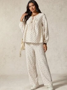 Boho Mama 2pcs Maternity Ditsy Floral Tie Front Lantern Sleeve Shirt And Adjustable Waist Pants Casual Outfit