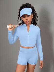 SHEIN 3 件套青少年女孩长袖拉链立领 T 恤、背心和紧身裤运动套装淡蓝色套装蓝色套装 - 藍色 - 查看 12