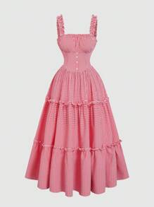 Sweetra Plus Size French Style Wide Strap A-Line Dress, Waist Cinched Slimming Design