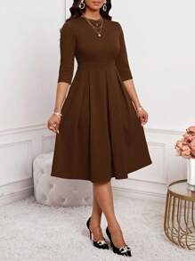 SHEIN Lady 春夏秋冬优雅办公室派对新年女士连衣裙 - 棕色 - 查看 3