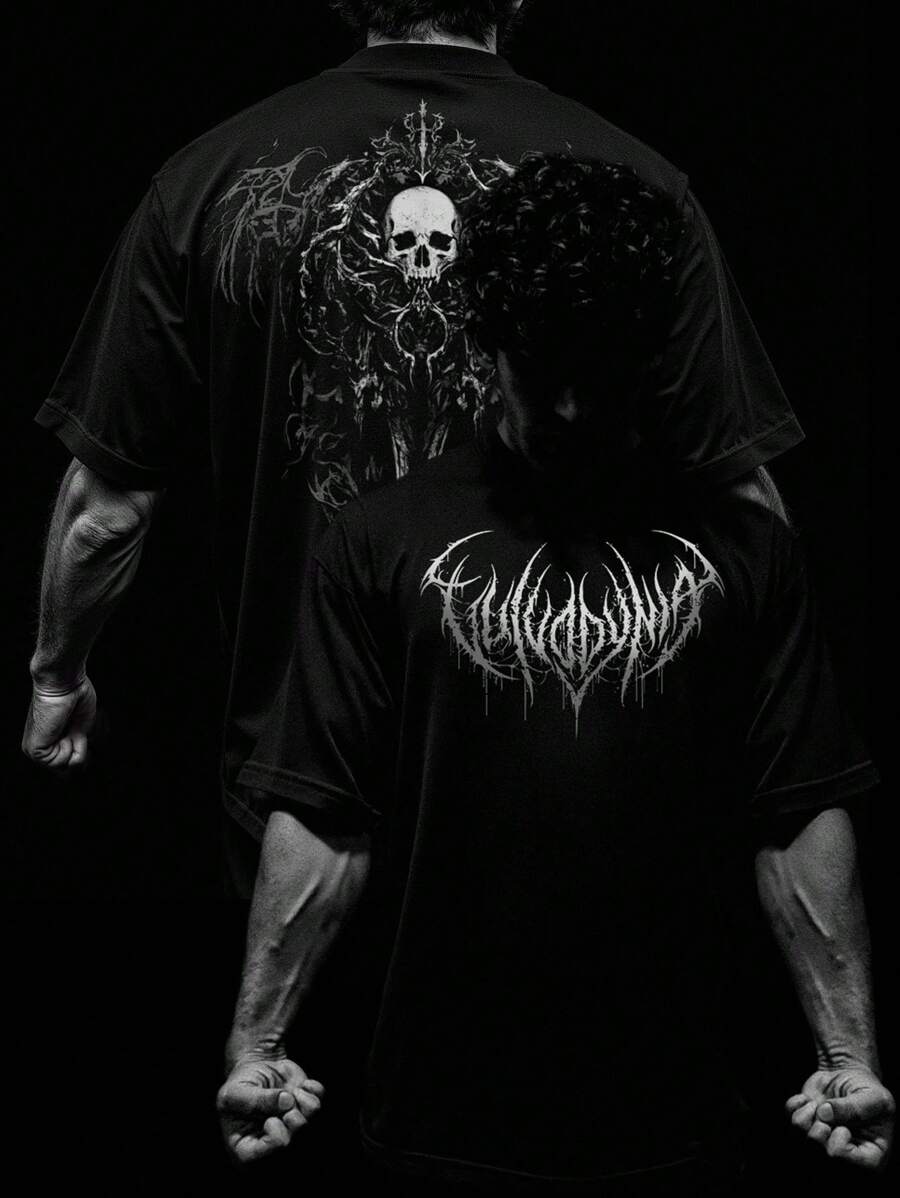 Manfinity Sport PWRUP Herren Lässig Rundhals Skelett Muster Kurzarm Sport Top, Sommer