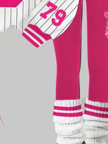 SHEIN 2 件套年轻女孩休闲运动衫套装，“洛杉矶”79 号图案印花条纹圆领长袖运动衫和紧身裤，适合秋冬季，年轻女孩服装 - 彩色 - 查看 5