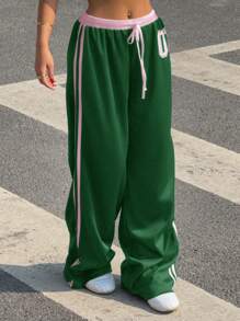 SHEIN EZwear 加大码橄榄绿拼布撞色字母印花裤，Y2k 休闲装 - 墨綠色 - 查看 6