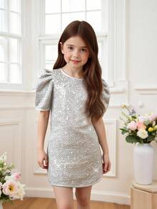 年轻女孩优雅可爱的银色亮片短袖连衣裙 - 白色 - 查看 1