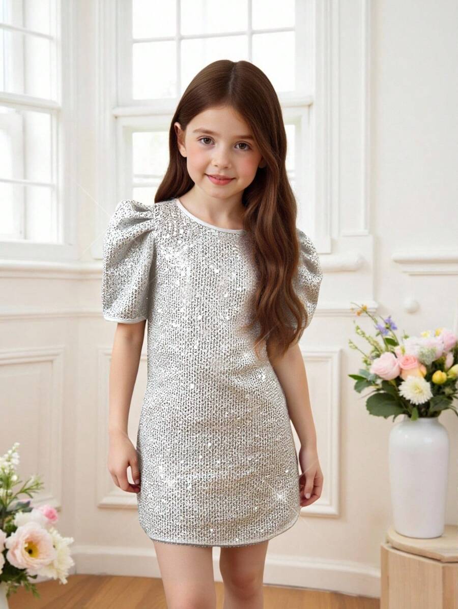 年轻女孩优雅可爱的银色亮片短袖连衣裙 - 白色 - 查看 1