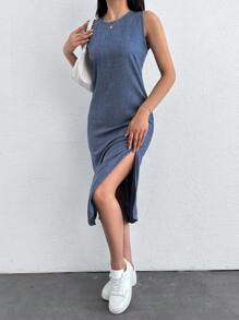 EURMUSE 女式夏季圆领无袖侧开衩下摆休闲连衣裙 - 灰色 - 查看 4