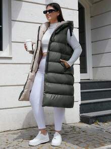 EURMUSE Plus Size Zip Up Drawstring Hooded Puffer Vest Coat - Army Green - View 7