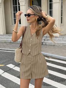 Serisse 2 Stück Damen Ärmellose Bluse mit Knöpfen vorne und Shorts Set für Herbst/Winter