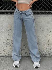 EURMUSE 100%Cotton Petite Low Waist Wide Leg Jeans - Light Wash - View 7