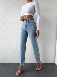 EURMUSE 100%Cotton High Waist Slant Pocket Casual Mom Fit Jeans - Blue - View 4