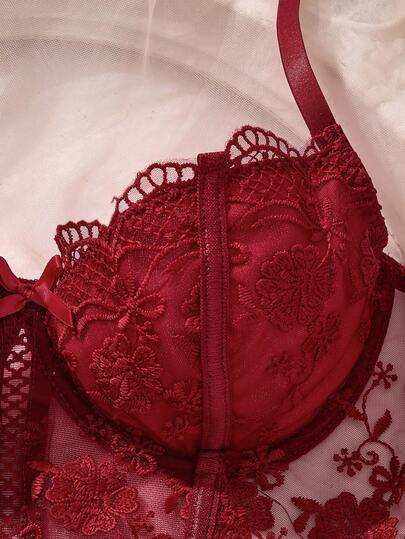 Esselle Wit Romantic Long BH Lingerie Set Rood Kanten Bordeaux Slipje Maroon view 4