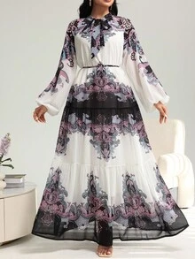 Lacomfia 女式 V 领灯笼袖系带蝴蝶结腰部印花连衣裙，春夏 - 紫色 - 查看 4