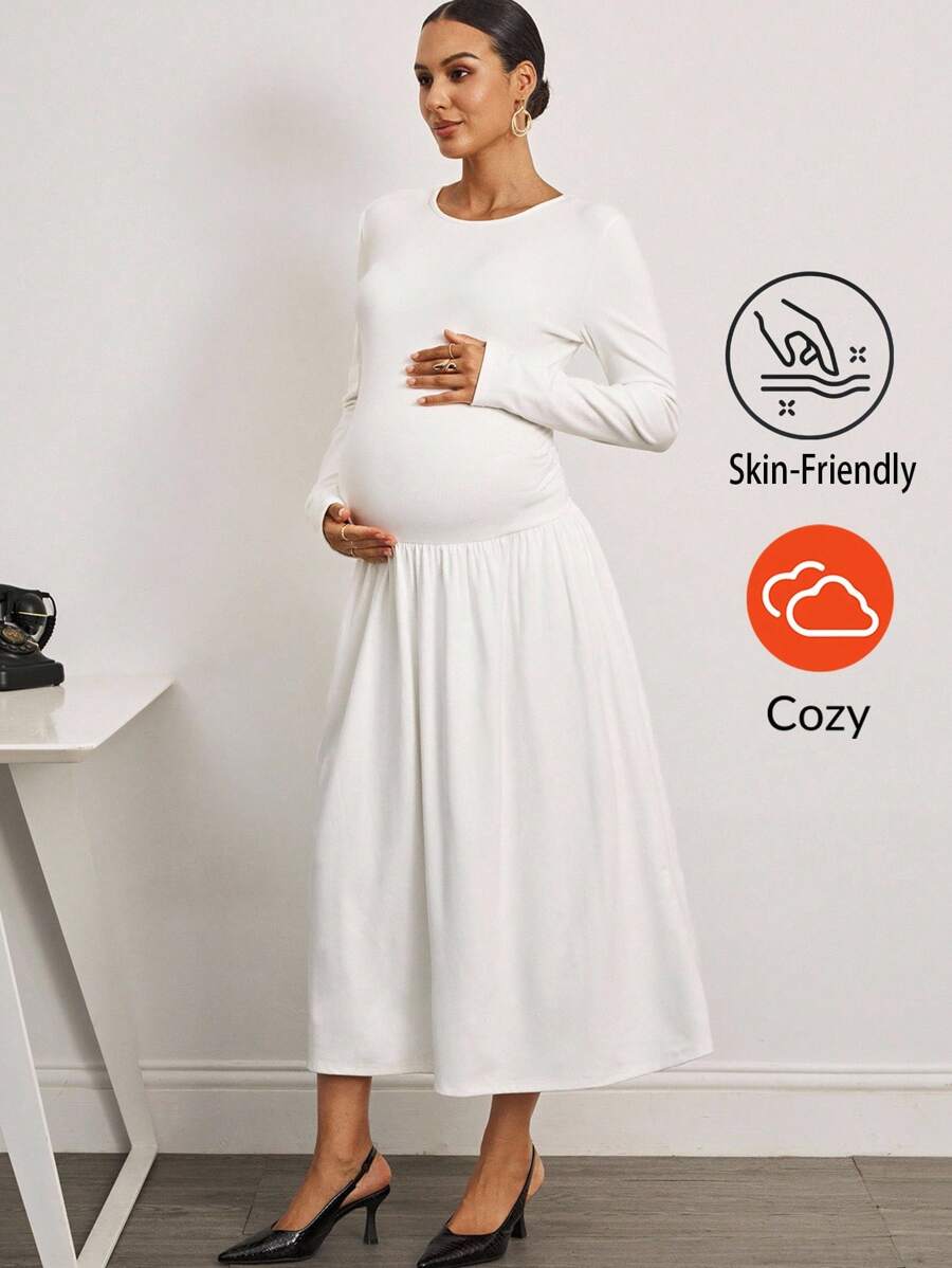 MaterniWear Elegant White Maternity Dress For Pregnant Women,Autumn Long Sleeve Round Neck Pleated Long Dress,Business Casual Bump Friendly Photoshoot Clothes - White - View 1