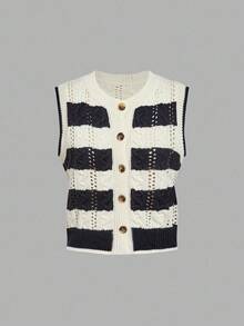 Skyraze Lässiger Pullover Cardigan mit Streifen in Kontrastfarbe für Damen mit Rundhalsausschnitt, für Brunch-Damen, Renaissance-Messe, formelle Abendgarderobe, Konzert-Damen, Teeparty-Oberteile, Kleidung für den Schulanfang - Verschiedenfarbig - Übersicht 1