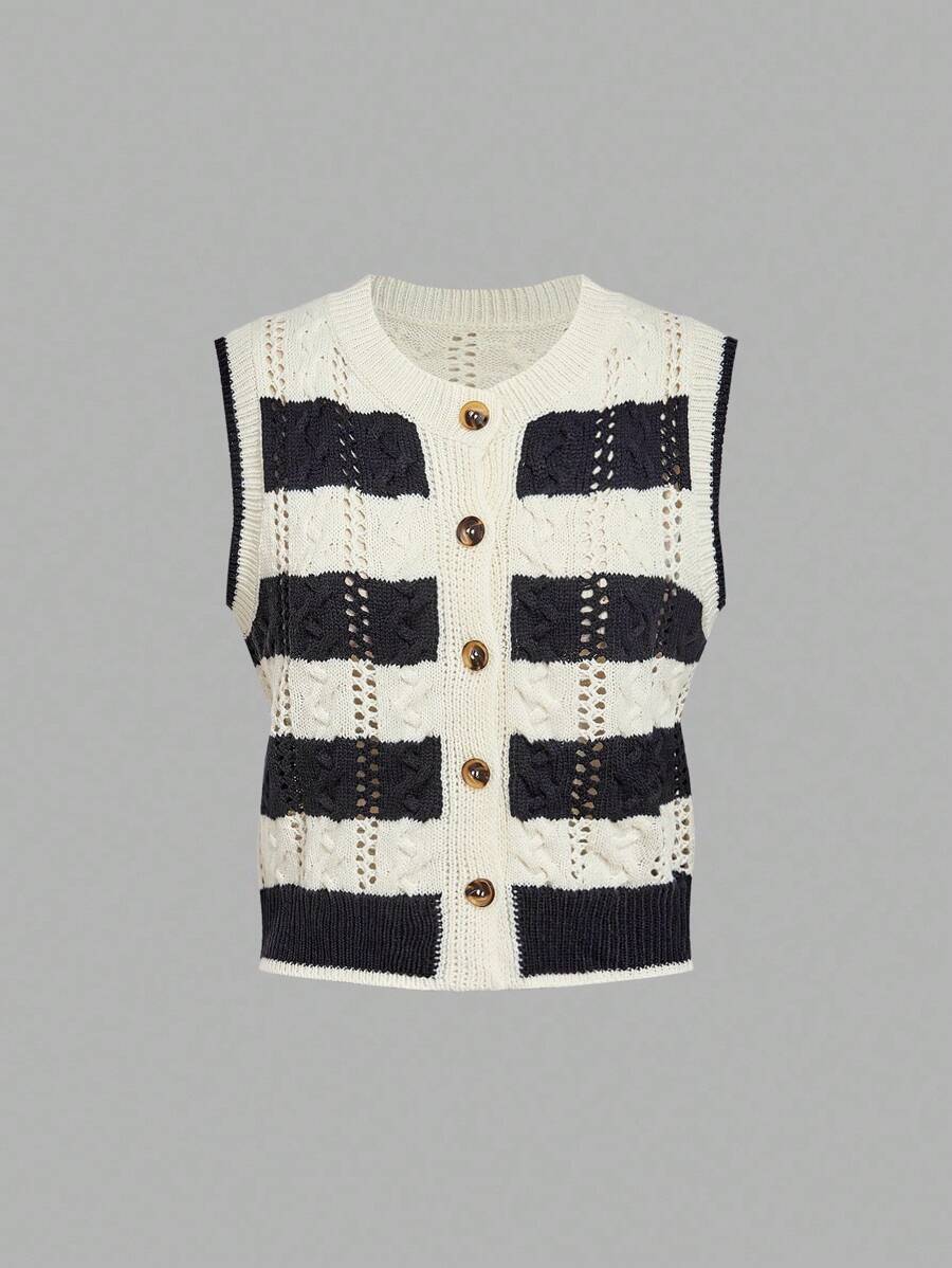 Skyraze Lässiger Pullover Cardigan mit Streifen in Kontrastfarbe für Damen mit Rundhalsausschnitt, für Brunch-Damen, Renaissance-Messe, formelle Abendgarderobe, Konzert-Damen, Teeparty-Oberteile, Kleidung für den Schulanfang - Verschiedenfarbig - Übersicht 1