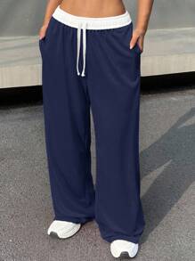 SHEIN Teen Girls Navy Blue Patchwork Waistband Drawstring Wide Leg Vintage Sports College Style Casual Sweatpants