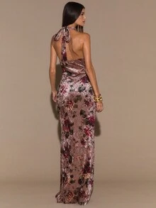 SHEIN BAE Váy ôm sát cổ họa tiết hoa, váy ôm sát đường cong thanh lịch dành cho nữ, thích hợp cho kỳ nghỉ, hẹn hò, tiệc cưới phù dâu, váy in họa tiết - Nhiều màu - Xem 2