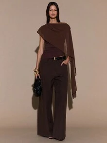 SHEIN BAE Women's Asymmetric Shoulder Ruched Neck Tie Blouse, Elegant Knit Top, Autumn/Winter,Blusas Femininas Elegante