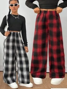 Sparklyn 2 件套青少年女孩休闲百搭格子宽松阔腿裤，适合上学、日常穿着、居家秋冬 - 彩色 - 查看 3
