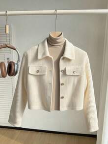 Girls Solid Color Versatile Minimalist Daily Wear Turndown Collar Jacket, Suitable For Autumn/Winter Fall