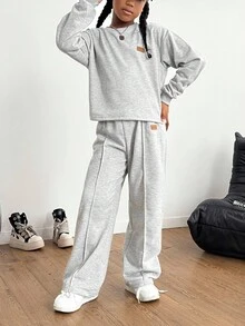 Ensemble t-shirt à manches longues col rond minimaliste de couleur unie et pantalon pour préadolescentes, vêtements d'hiver, vêtements d'automne, hauts à manches longues, chemises à manches longues - Gris - Voir 6