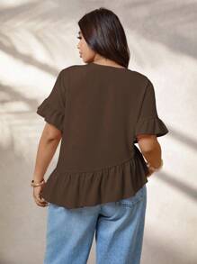 EMERY ROSE 大码女式休闲荷叶边袖不对称下摆宽松衬衫，夏季服装 - 棕色 - 查看 2