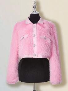SHEIN ICON Women's Solid Color Long Sleeve Single-Breasted Faux Fur Elegant Jacket In Fall/Winter - Pink - View 7