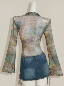 SHEIN ICON Áo thun nữ tay loe in họa tiết cây nhiệt đới phong cách miền Tây cổ điển Boho thời trang mùa thu - Nhiều màu - Xem 2