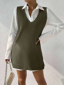 EURMUSE Women's Solid Color V-Neck Sleeveless Sweater Dress - Hijau Tentara - View 5