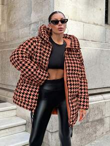 EURMUSE Pied De Poule Printed, Keep Warm Feature, Draw String Hem Detailed Puffer Winter Coat - Multicolor - View 3