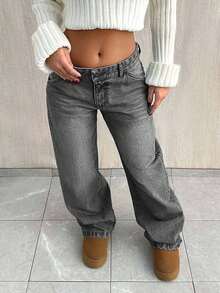 EURMUSE PETITE CASUAL LOW WAIST BAGGY LOOSE STRAIGHT LEG JEAN - Grey - View 5