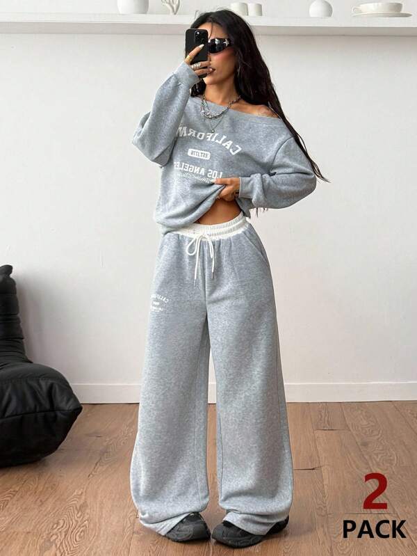 Coolane Women's Winter/All-Season Y2K Preppy Daily Wear Graphics Grey Asymmetrical Neck Long Sleeve Sweatshirt And White Elastic Waistband Wide Leg Sweatpants
