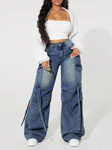 SHEIN ICON 大码女式工装口袋褶皱阔腿宽松休闲牛仔裤 - 霧霾藍 - 查看 8