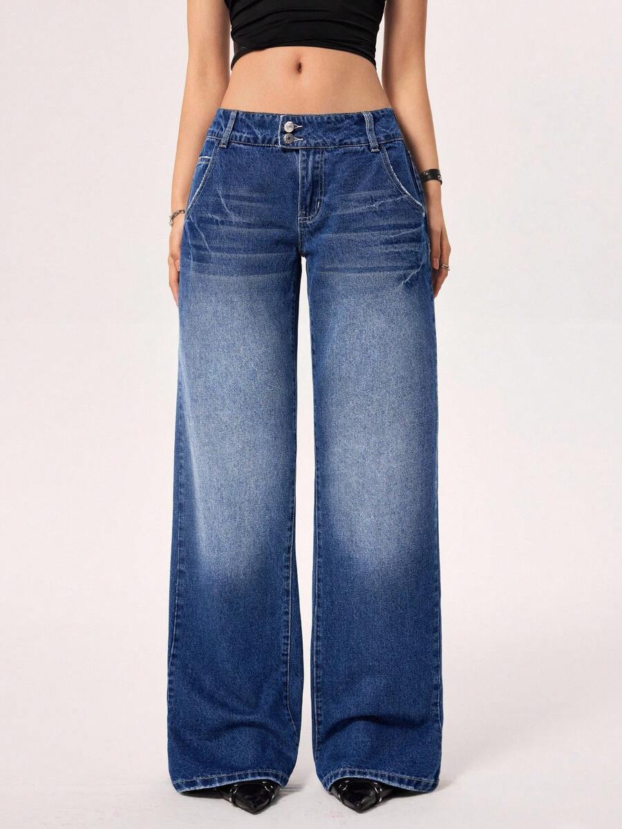 SHEIN EZwear 女式低腰口袋宽松休闲直筒牛仔裤 - 深色水洗藍 - 查看 1