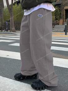 DAZY 男士卡其色保暖内衬运动裤，带字母刺绣，秋冬男士慢跑裤