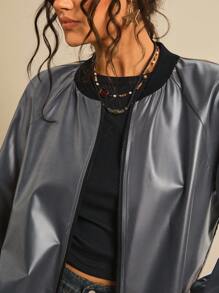 SHEIN VCAY Chaqueta bomber de manga larga versátil casual con cremallera y contraste de colores, ropa de invierno para mujeres, chaqueta de invierno, ropa de vuelta al colegio para mujeres, ropa de otoño para maestras, estilo country, concierto western, boho, rave, vintage años 2000, ropa de otoño talla grande, estilo bohemio country, ropa informal de otoño para mujeres