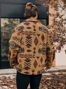 Manfinity Homme Men's Geometric Pattern Button-Up Pocket Shacket, Autumn/Winter,Boyfriend Gift,Winter Warm Jacket,Fall Winter Men Jacket,Coral Fleece Jacket, For Christmas