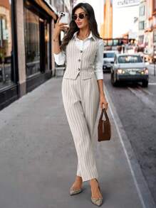 SHEIN Clasi 女装秋季新款无袖背心和西装裤两件套，适合通勤、休闲装、日常搭配 - 卡其色 - 查看 5