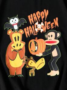 Paul Frank X SHEIN Tween Girl Halloween Cartoon Pumpkin & Bat Graphic Round Neck Loose Fit Short Sleeve Black T-Shirt - Black - View 4