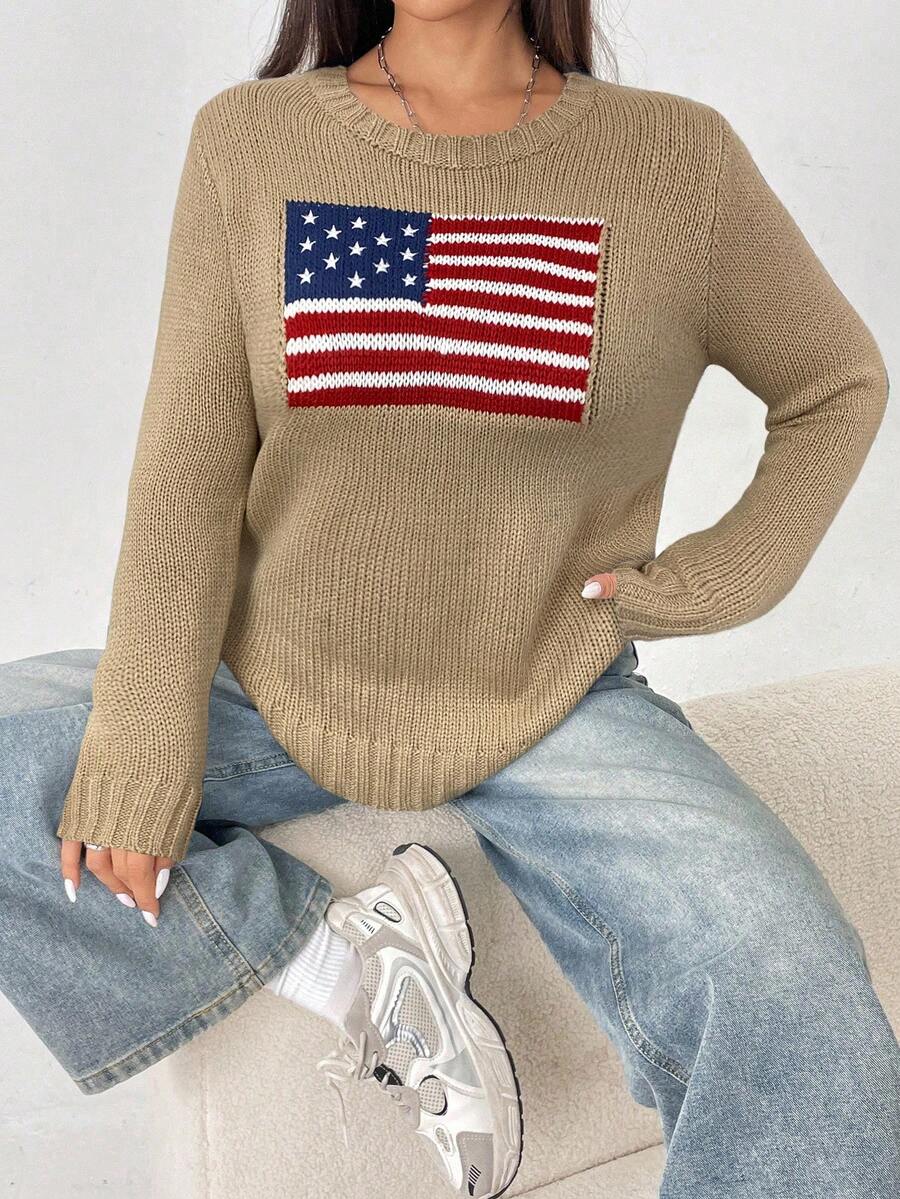 SHEIN PETITE Women 4th Of July American Flag Pattern Round Neck Casual Long Sleeve Sweater Autumn Winter Clothes For Women - Khaki - View 1