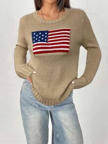 SHEIN PETITE Women 4th Of July American Flag Pattern Round Neck Casual Long Sleeve Sweater Autumn Winter Clothes For Women - Khaki - View 3