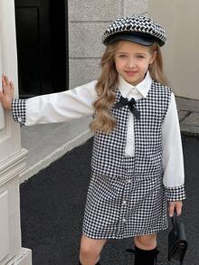 SHEIN Elladie kids 3 Stücke Mädchen (Kleine Größe) Hahnentrittmuster Schleife Ärmellose Weste Jacke, Langarm Kragen Lässig Beige Hemd Bluse mit Perlknöpfen, Hahnentrittmuster Rock Set, Frühling/Herbst Mode Outfit