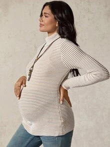 Boho Mama Suéter casual de cuello alto, de manga larga, ajustado y a rayas para maternidad - Multicolor - Ver 4