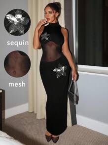 SHEIN SXY Sequin Embroidered Sexy Mesh Patchwork Black Dress, Black Maxi Dress, Mesh Panel Dress, See Through Maxi Dress, Mock Neck Maxi Dress, Rhinestone Maxi Dress,Y2k,Elegant Dresses For Women,Country Concert Outfit,Club Outfits Women Sexy,Prom - Black - View 1