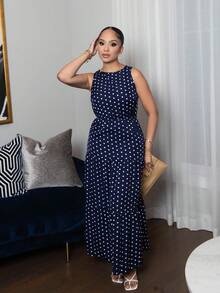 Melissa Matos Polka Dot Sleeveless Ruffle Hem A-Line Dress Maxi Women Outfit - Navy Blue - View 3